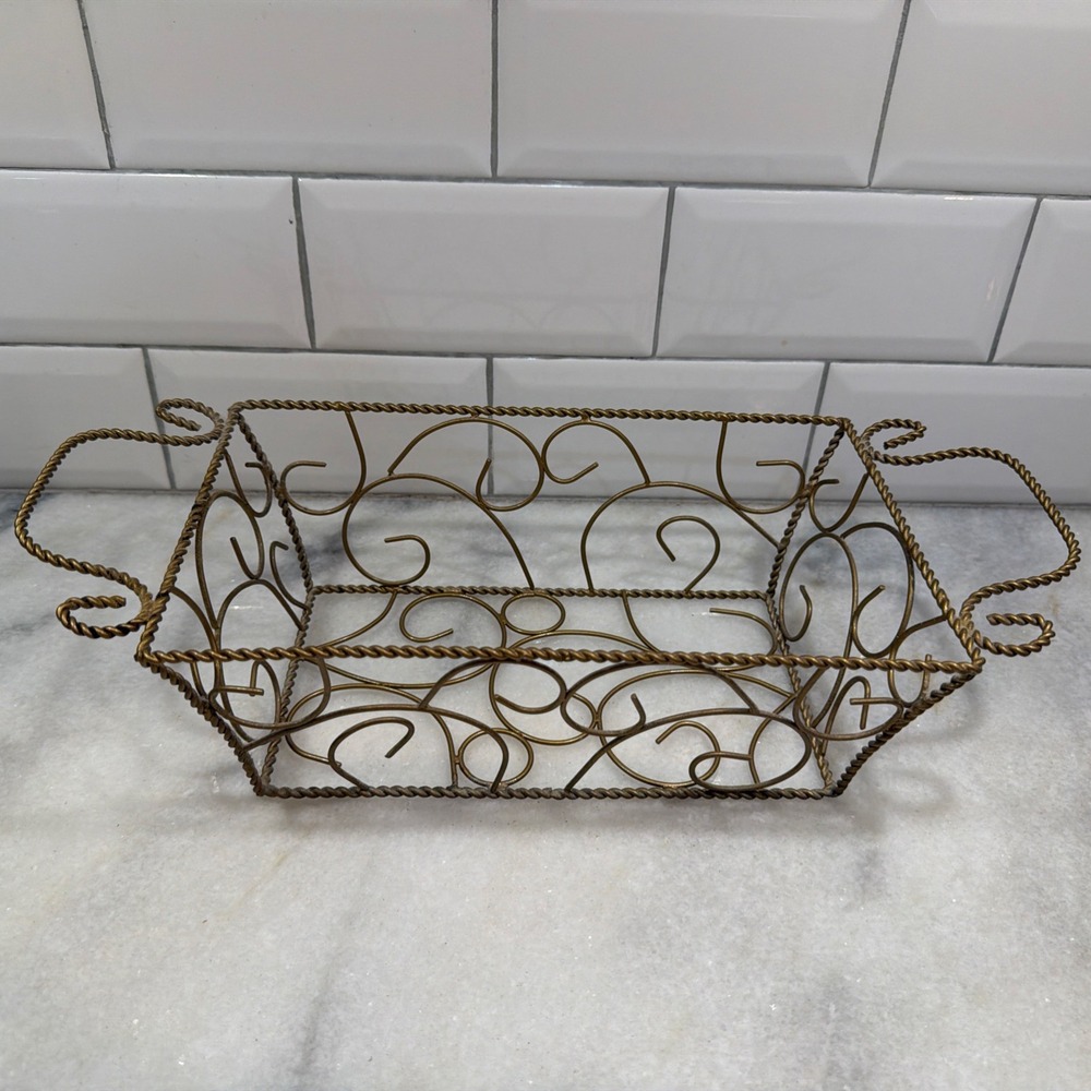 Metal Twisted Wire Basket Gold Tone Brass Look Handles‎ Centerpiece Table Decor